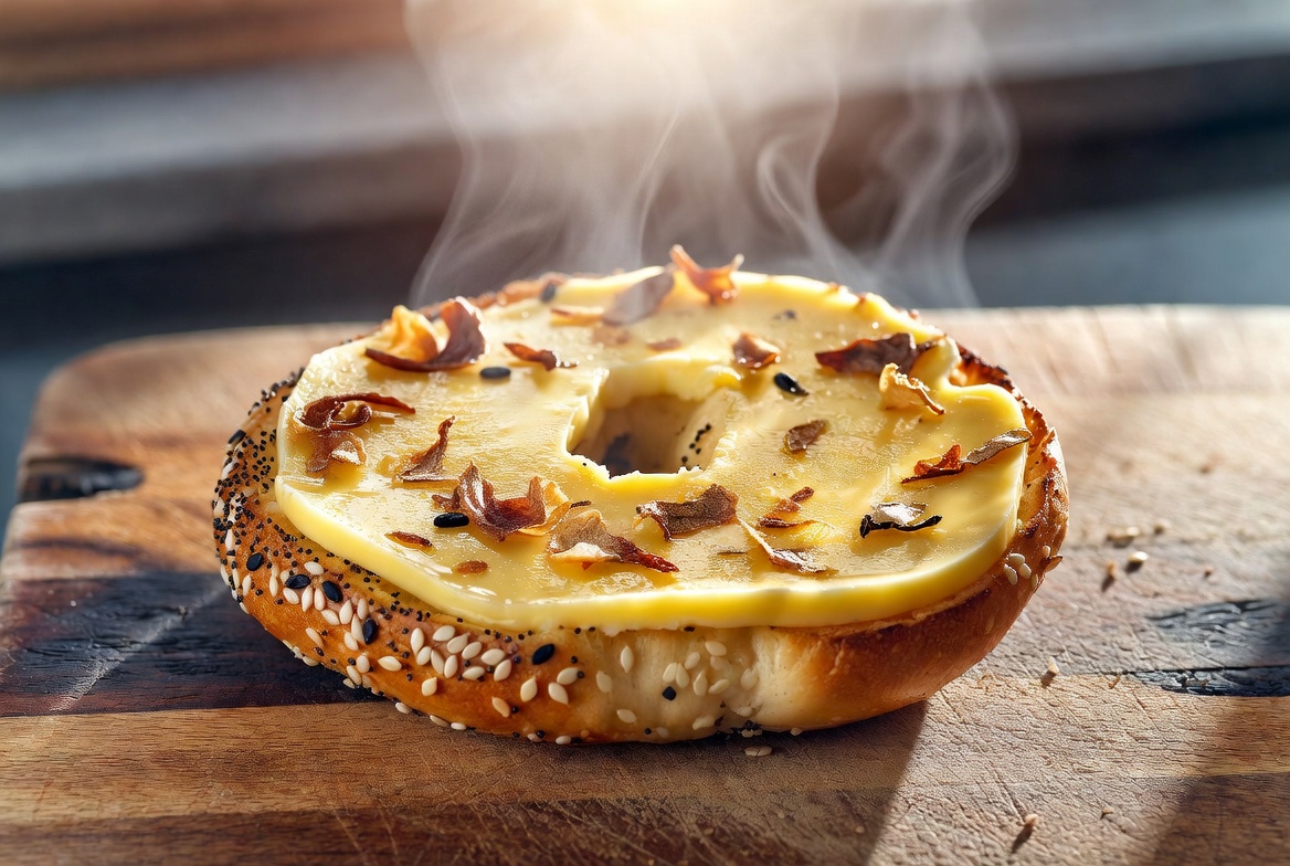 Toasted everything bagel with full-coverage Butter Ring blanket and center hole perfectly aligned, topped with crispy bits
