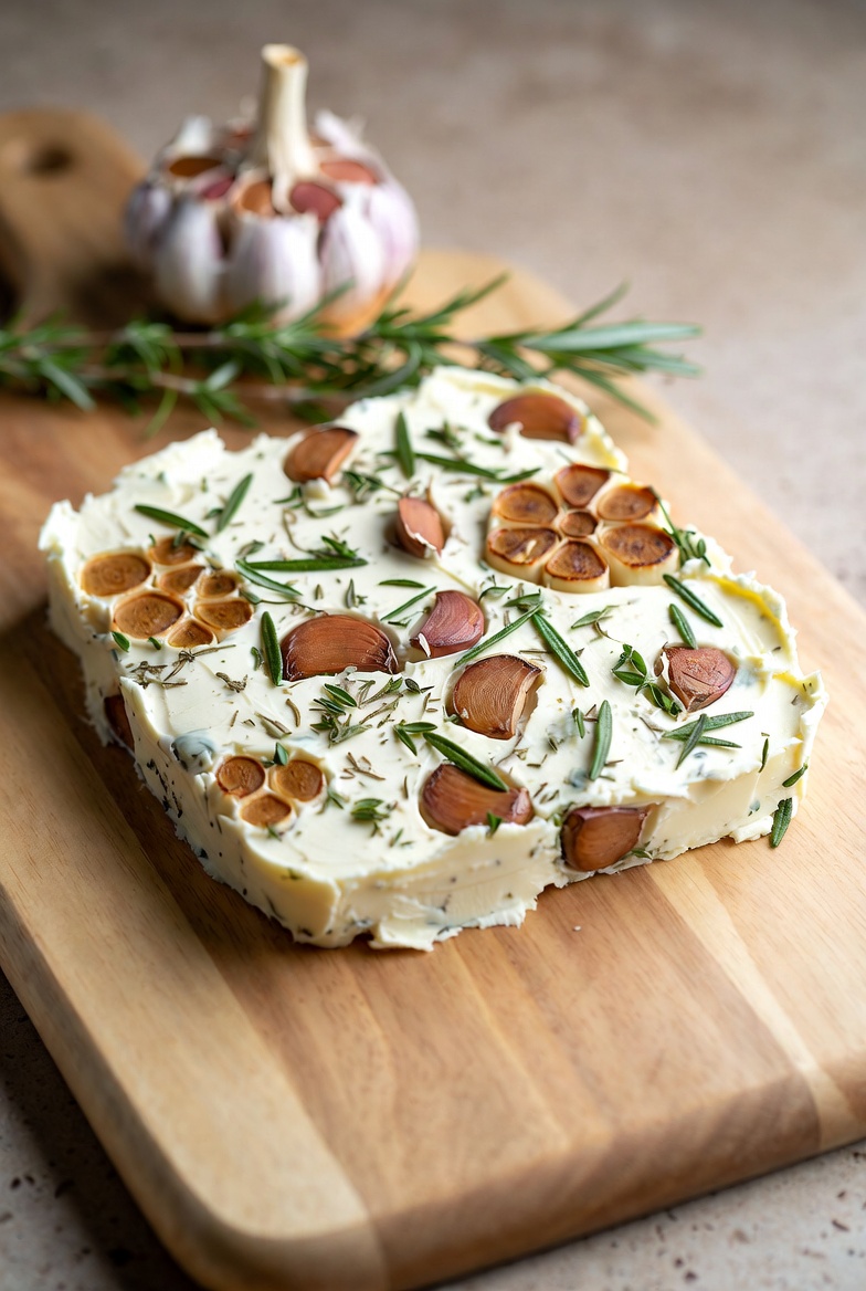 Square Garlic Herb Butter Blanket with roasted garlic and rosemary on wood