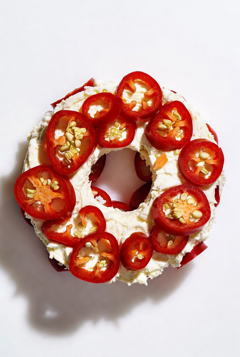Jalapeño Cream Cheese Ring with bright red jalapeño slices visible